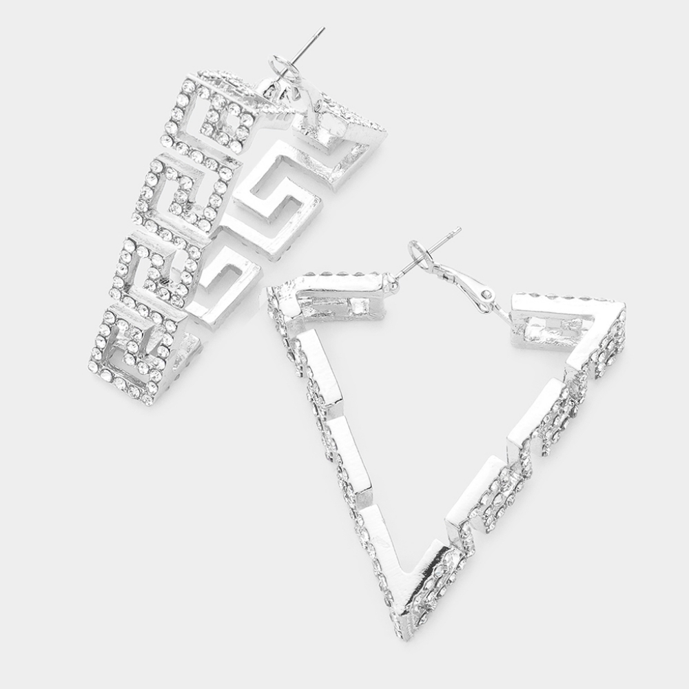 Silver Greek Key Patterned Rhinestone Crystal Triangle Hoop Earrings